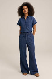 thumbnail: Dark blue denim dames WE Fashion Blue Ridge loose fit broek van katoen met regular waist, elastische tailleband met koord en effen