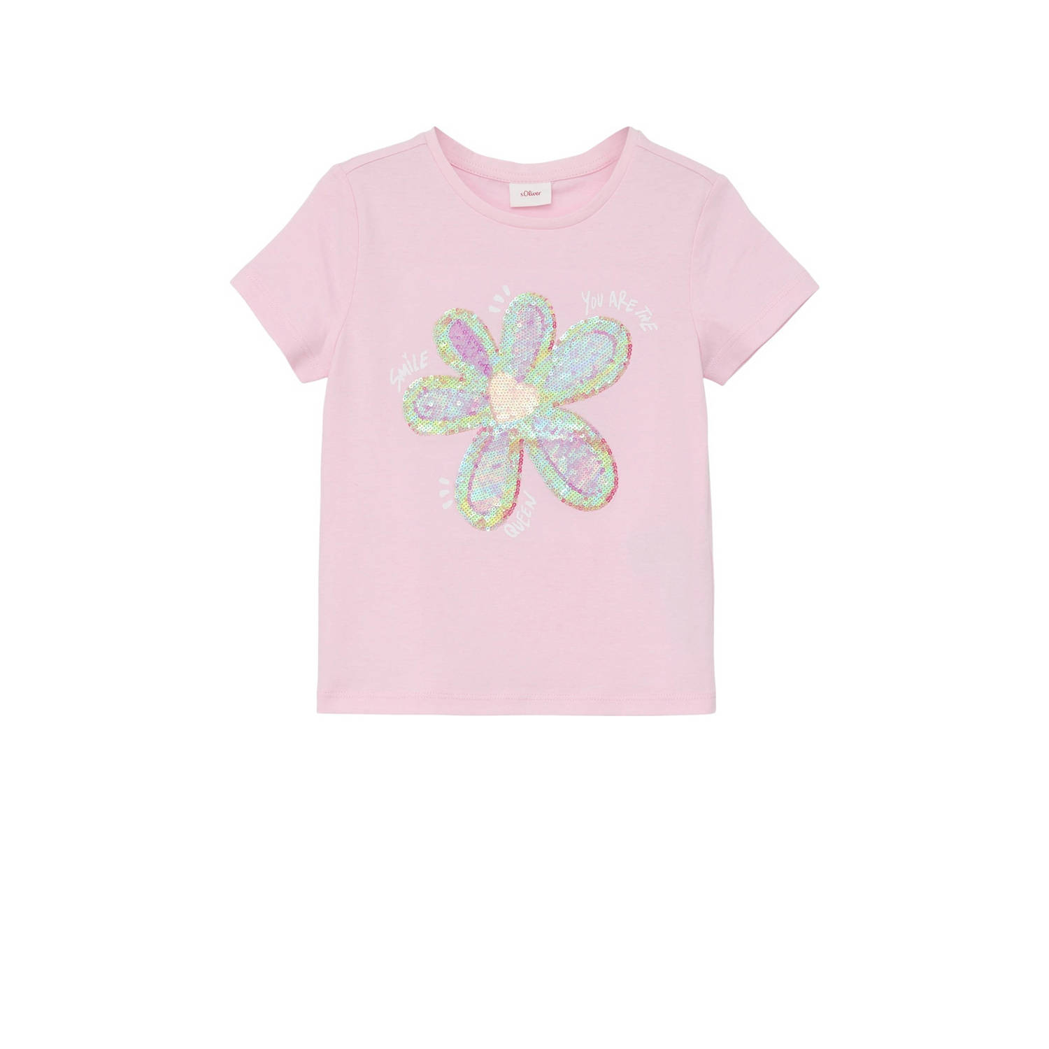 S.Oliver T-shirt met printopdruk en pailletten lichtroze Meisjes Katoen Ronde hals 104 110