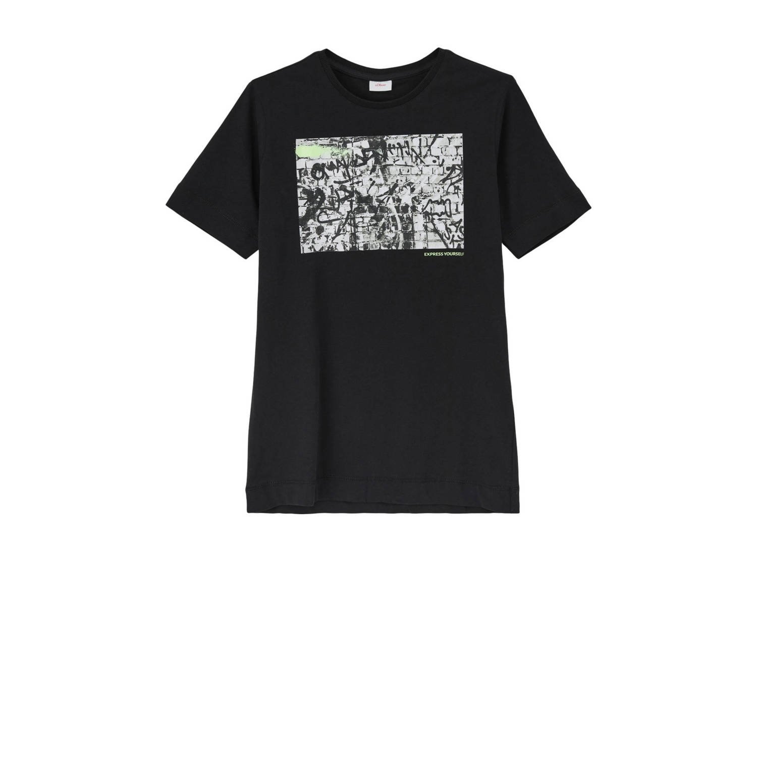 S.Oliver T-shirt met printopdruk zwart Jongens Katoen Ronde hals Printopdruk 134 140