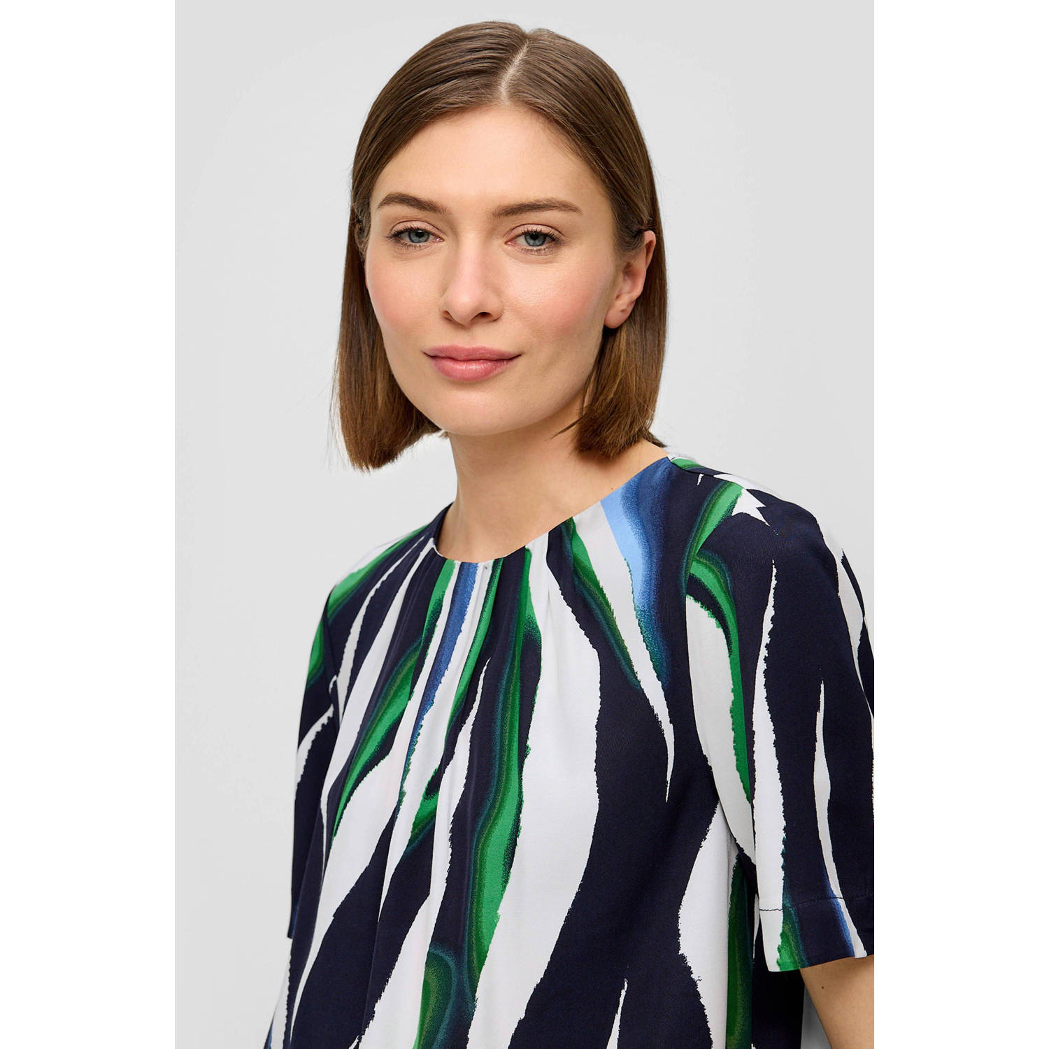 s.Oliver BLACK LABEL geweven top met all over print en plooien marine groen