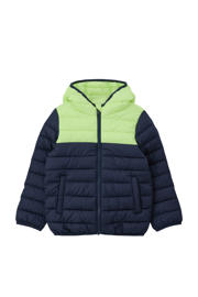 thumbnail: Blauw, donkerblauw en limegroene jongens s.Oliver gewatteerde zomerjas van polyester met effen, lange mouwen, capuchon en ritssluiting