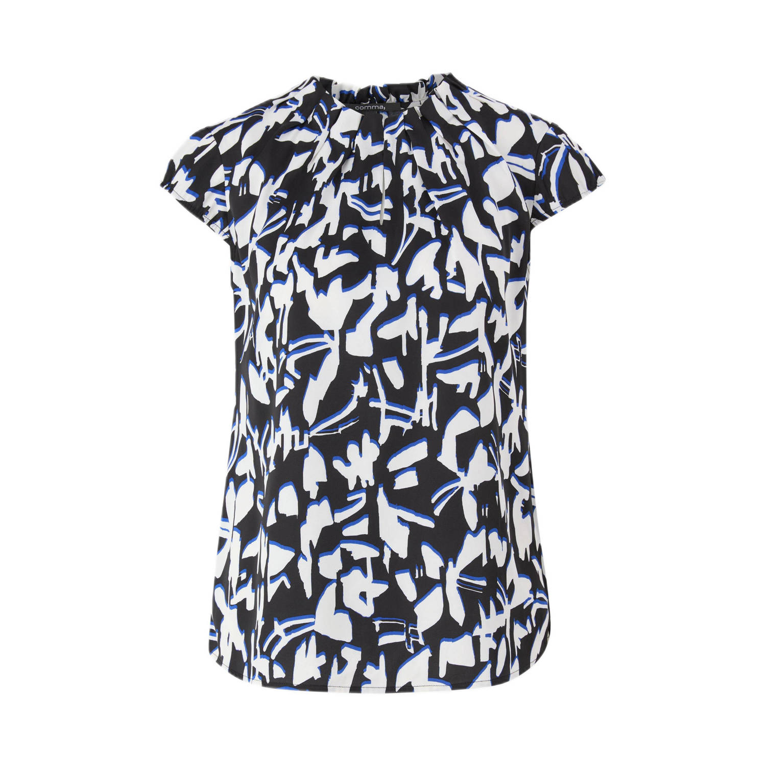 Comma blousetop met all over print en plooien zwart wit