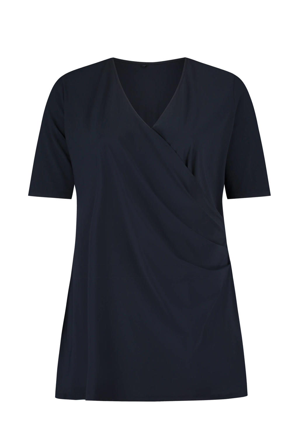 Blauwe dames Plus Basics top van travelstof met effen, korte mouwen en V-hals