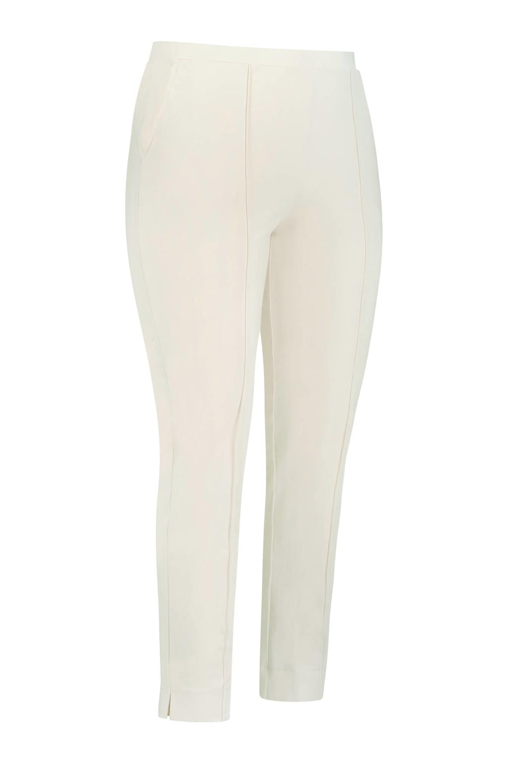 Crème dames Plus Basics slim fit pantalon van travelstof met regular waist en effen