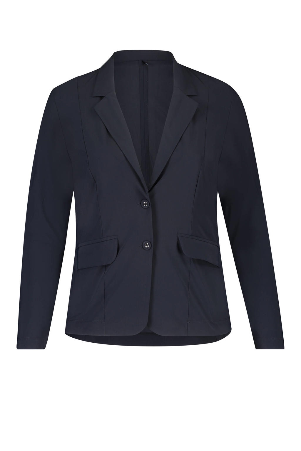 Blauwe dames Plus Basics rechtvallende blazer van travelstof met effen, lange mouwen, reverskraag en knoopsluiting