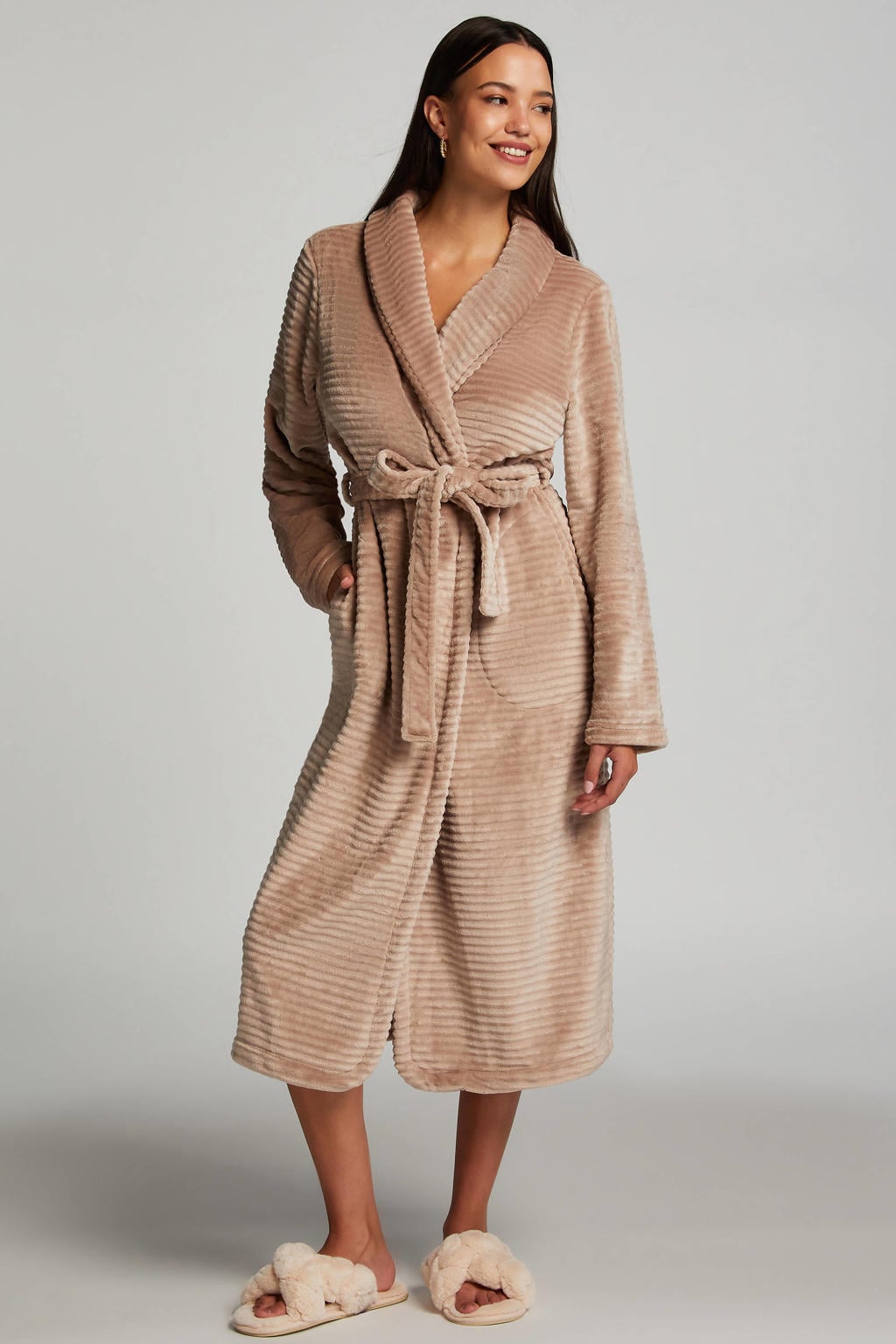 Hunkemöller fleece badjas met ribstructuur beige