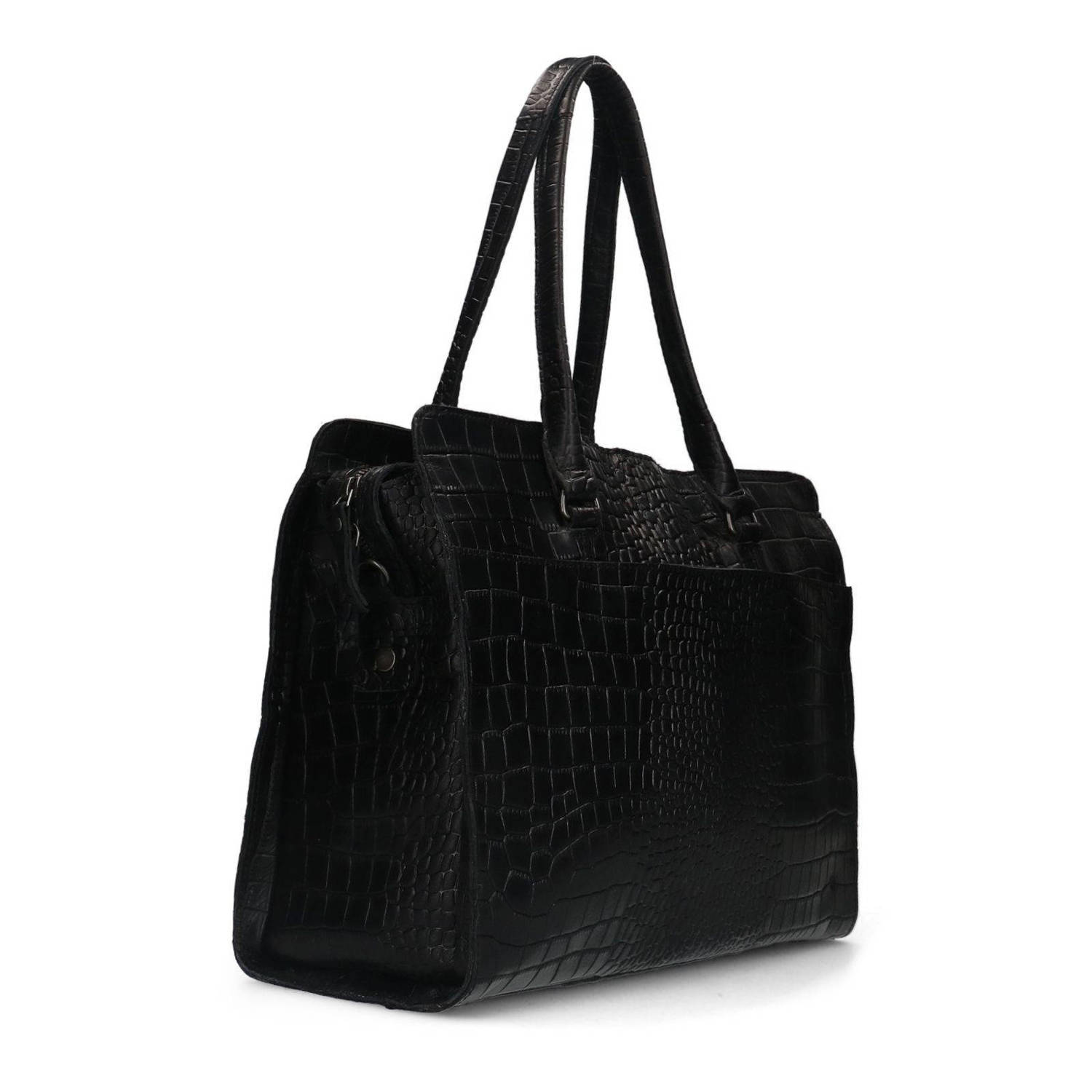 Manfield leren shopper met crocoprint zwart