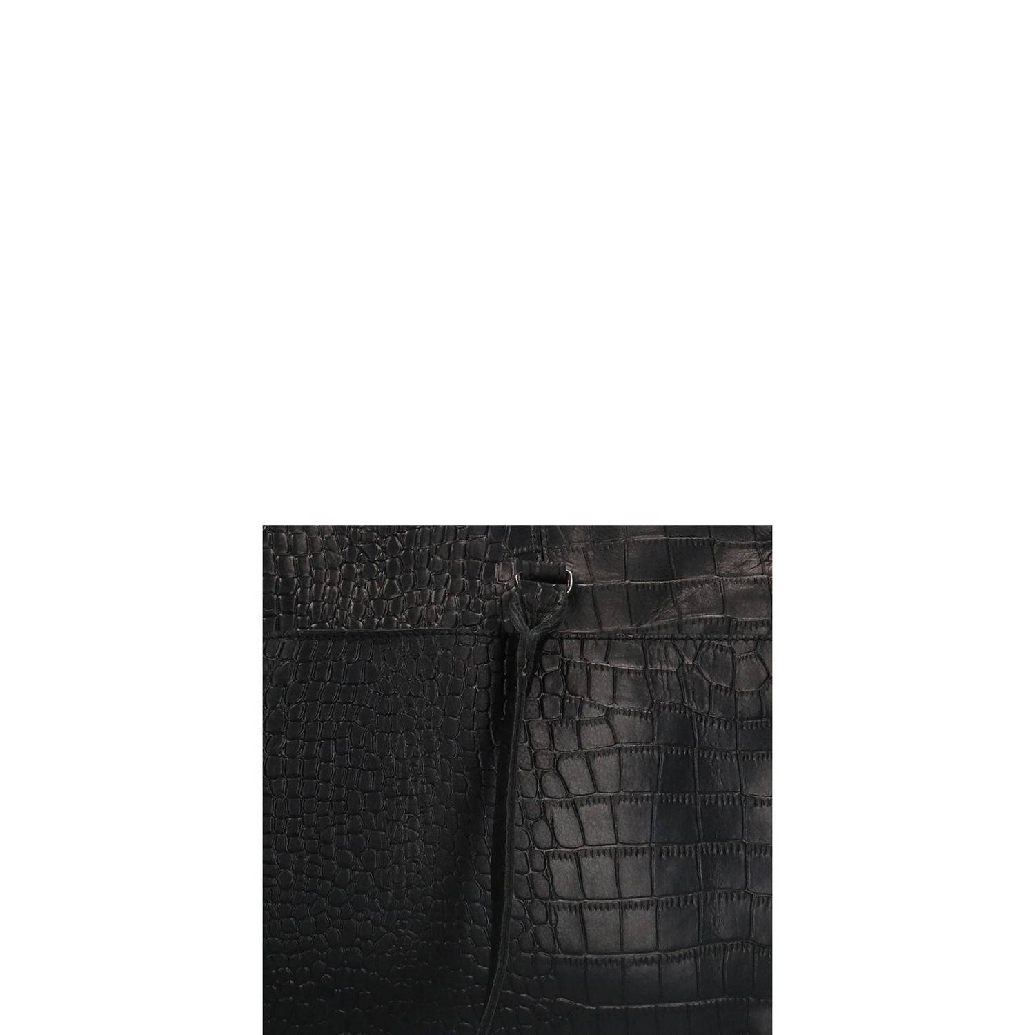 Manfield leren shopper met crocoprint zwart