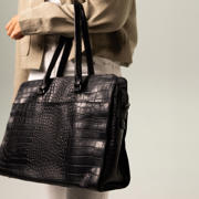 thumbnail: Manfield leren shopper met crocoprint zwart