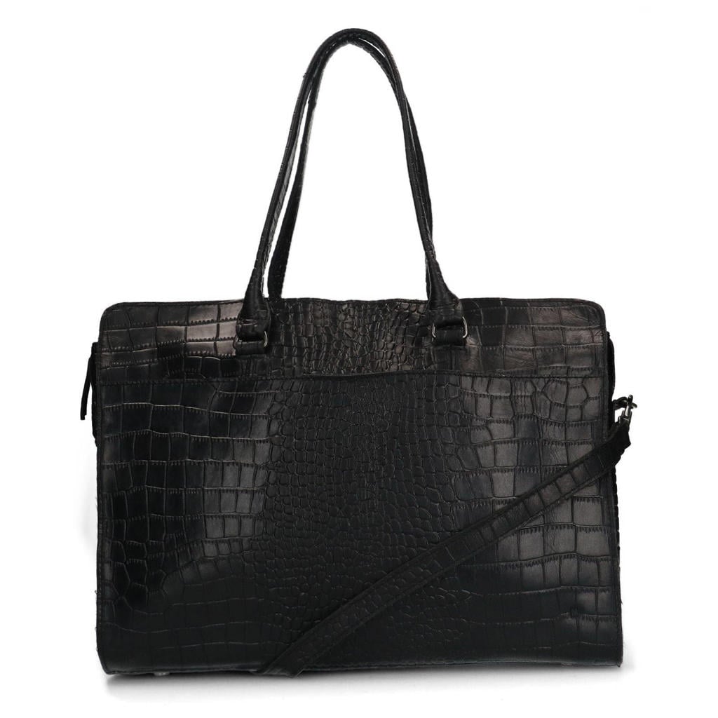 Manfield leren shopper met crocoprint zwart