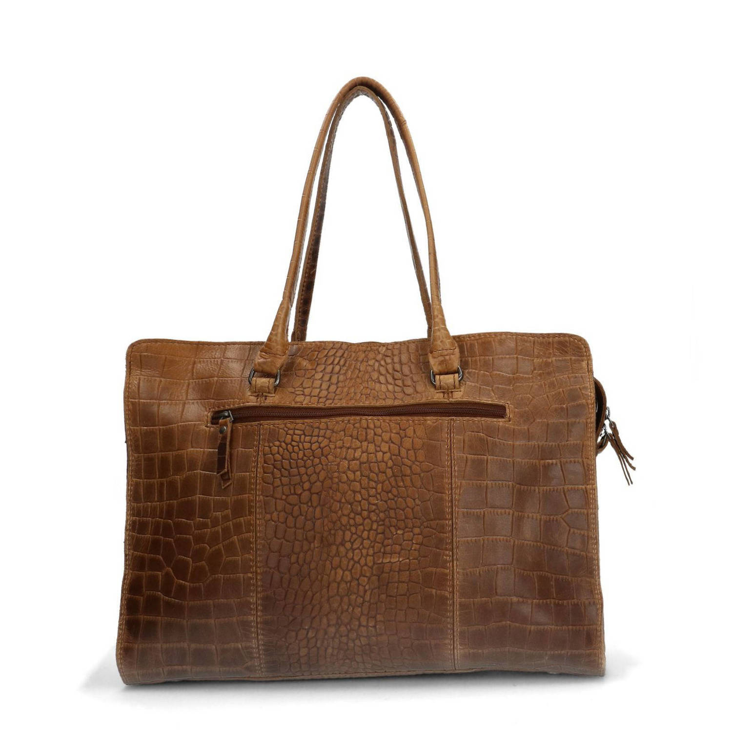 Manfield leren shopper met crocoprint cognac