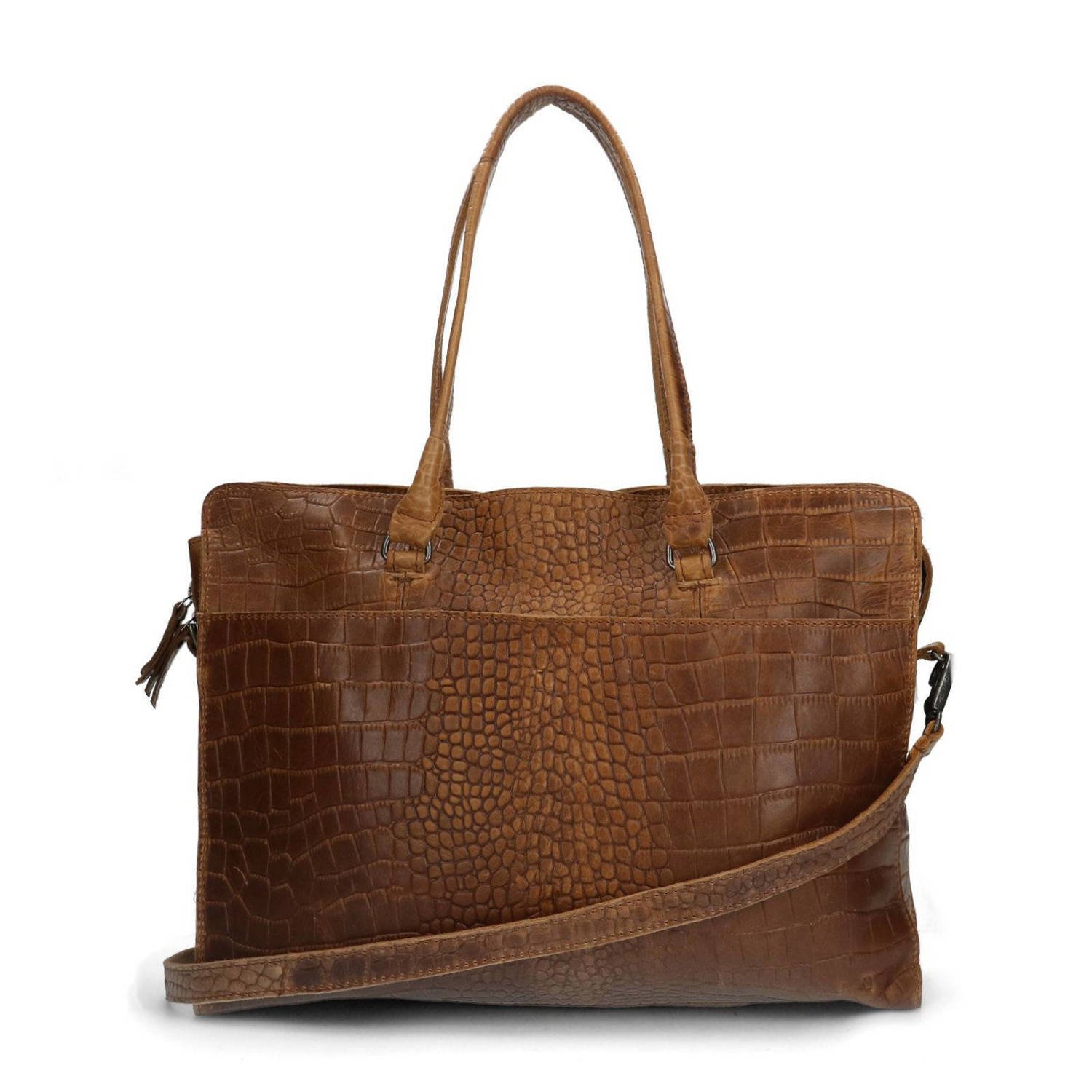 Manfield leren shopper met crocoprint cognac