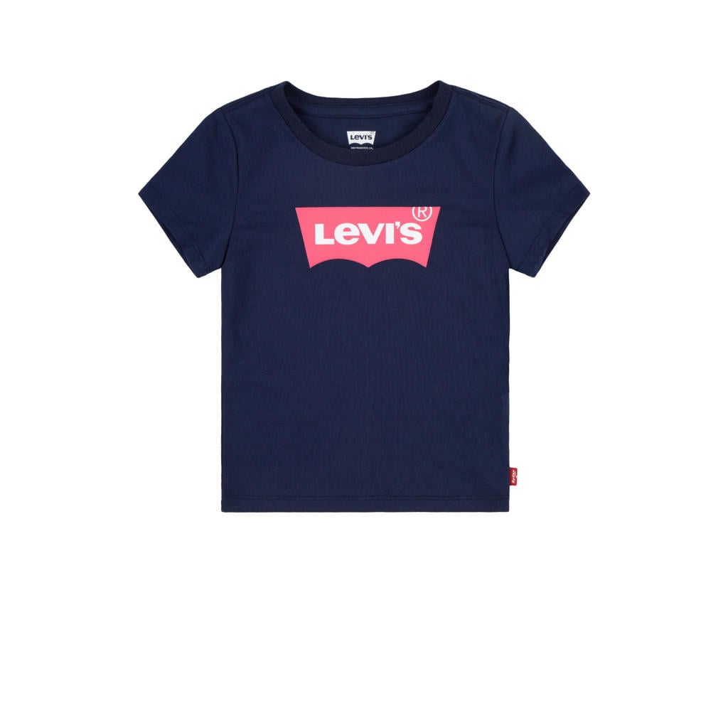 Donkerblauw en roze meisjes Levi's Kids T-shirt van katoen met logo dessin, korte mouwen en ronde hals