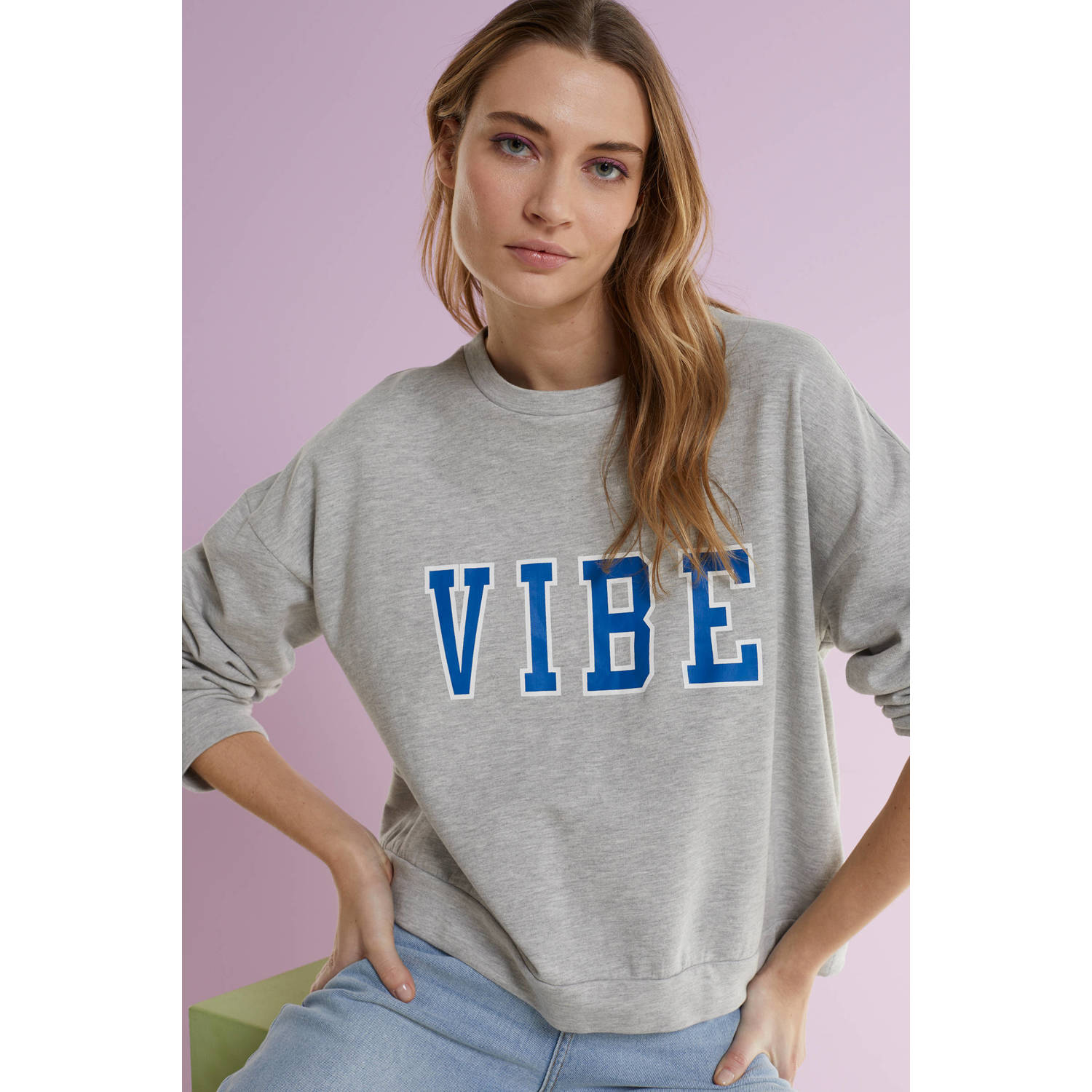 NOISY MAY sweater NMVIBE met tekst grijs blauw