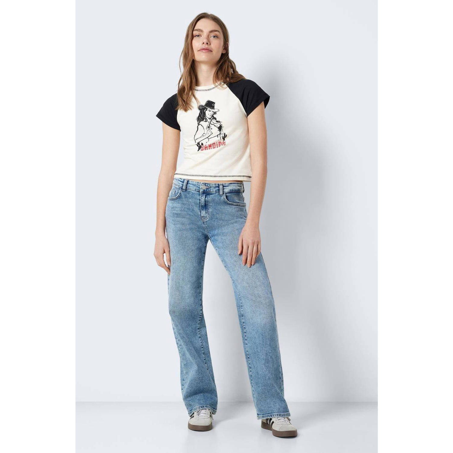 NOISY MAY T-shirt NMKATINKA met printopdruk ecru zwart