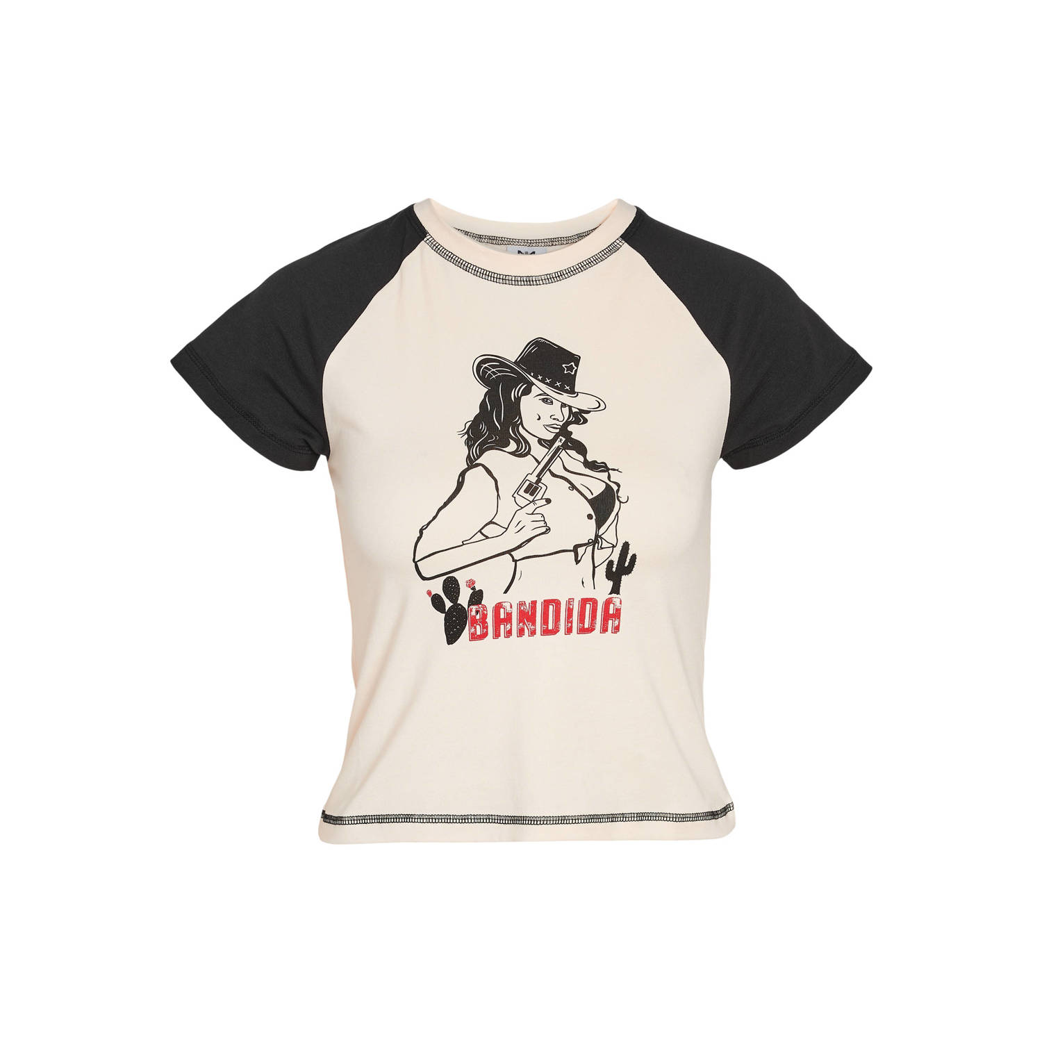 NOISY MAY T-shirt NMKATINKA met printopdruk ecru zwart