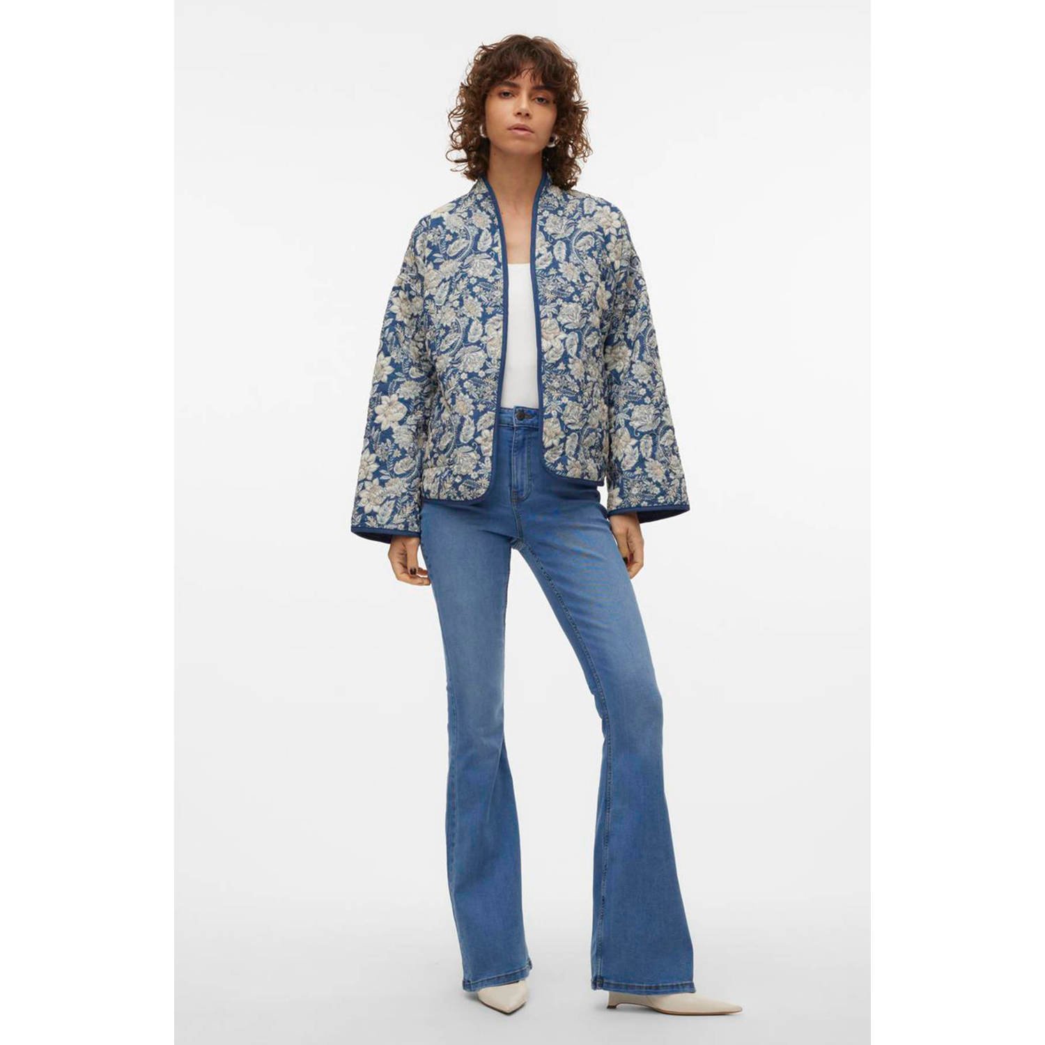 VERO MODA gebloemde reversible quilted jasje VMJANE blauw ecru