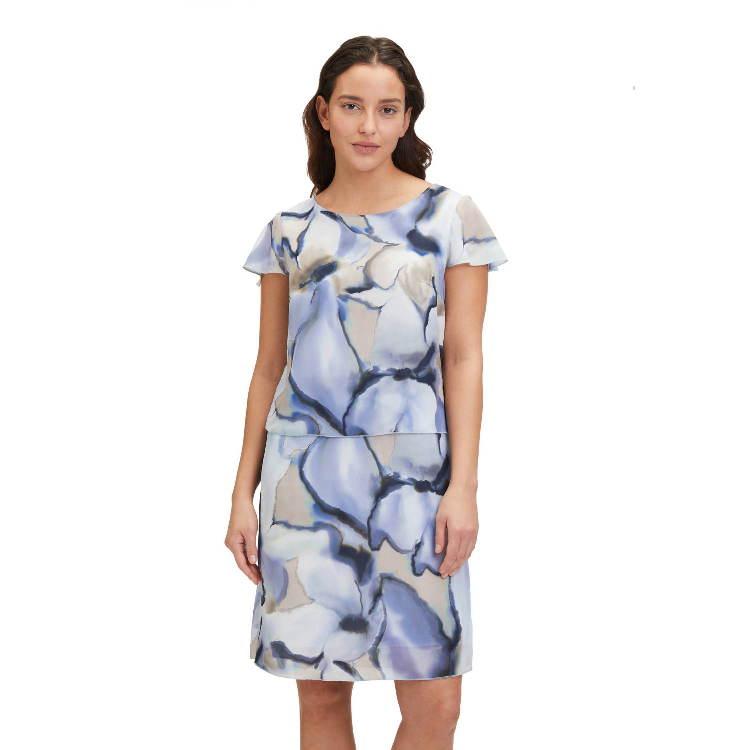 Betty Barclay jurk met all over print en plooien cream blue