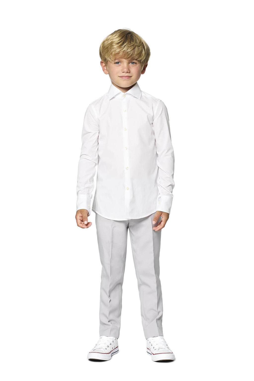 Witte jongens OppoSuits overhemd van polyester met effen, lange mouwen, klassieke kraag en knoopsluiting