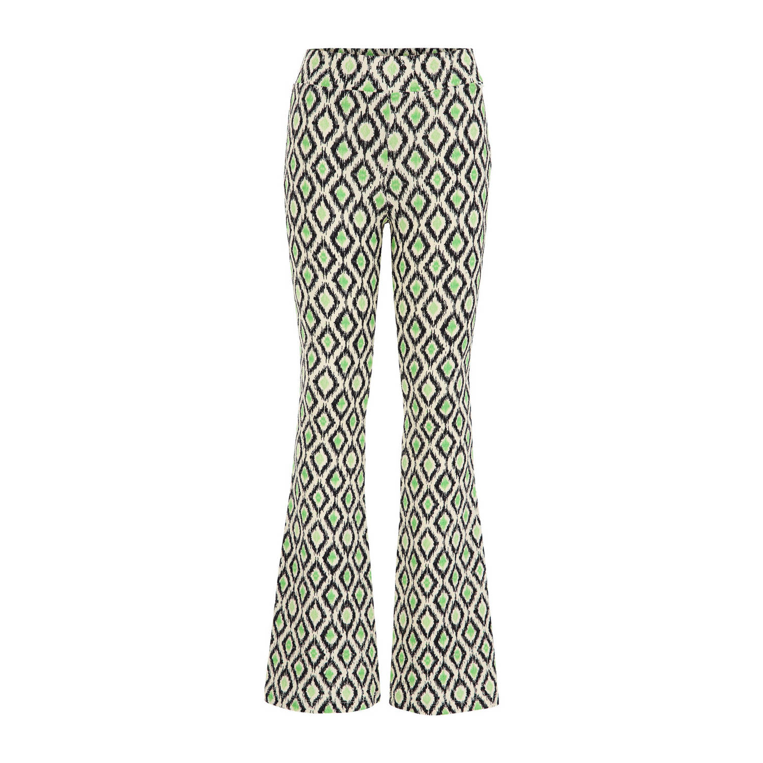 WE Fashion flared broek met all over print groen beige zwart Meisjes Gerecycled polyester 140
