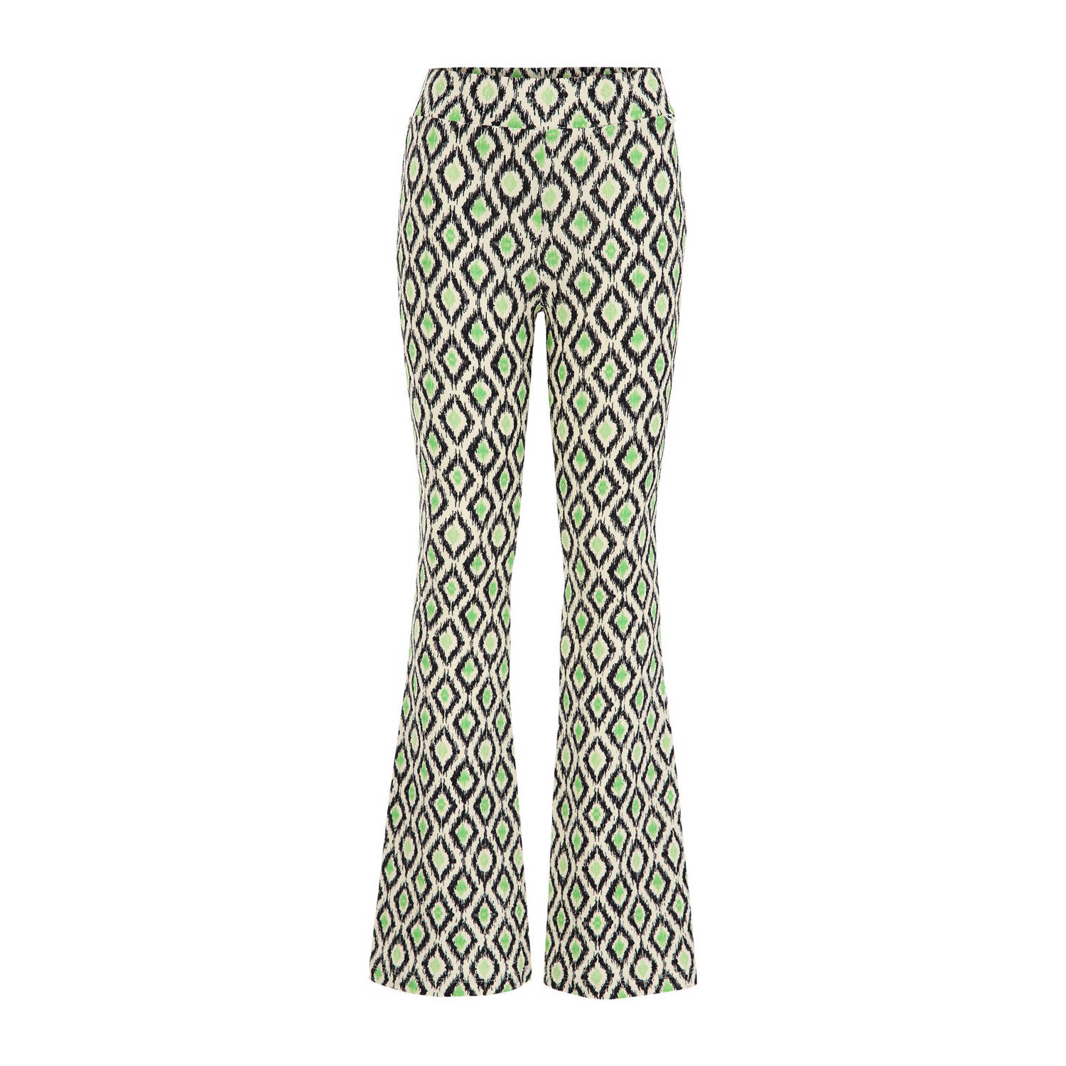 WE Fashion flared broek met all over print groen beige zwart Meisjes Gerecycled polyester 110