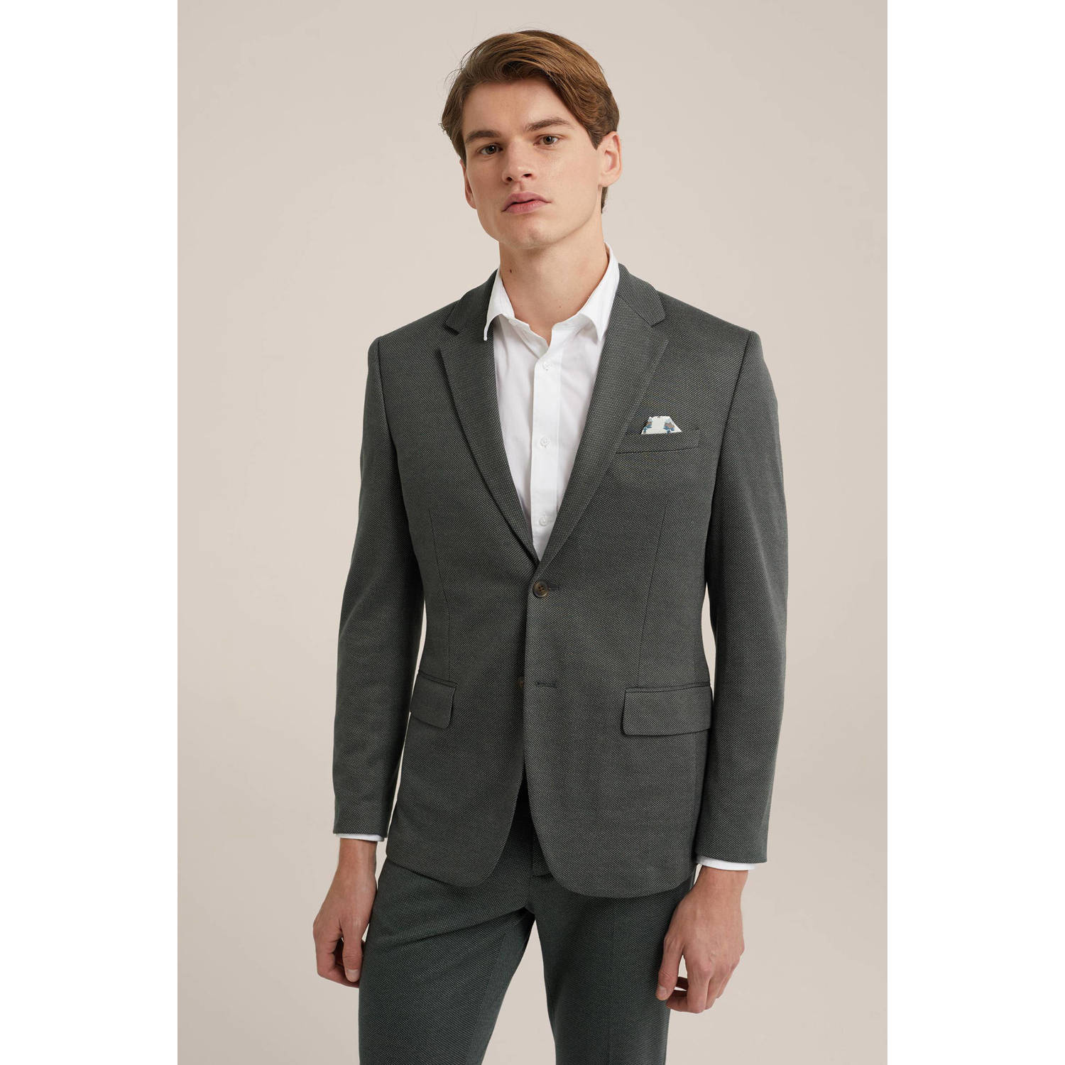 WE Fashion slim fit colbert met all over print grijs
