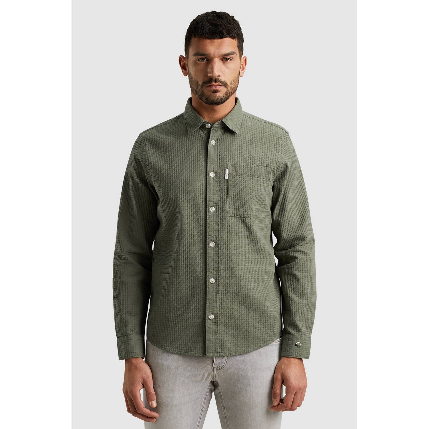 Cast Iron slim fit overhemd met wafelprint groen