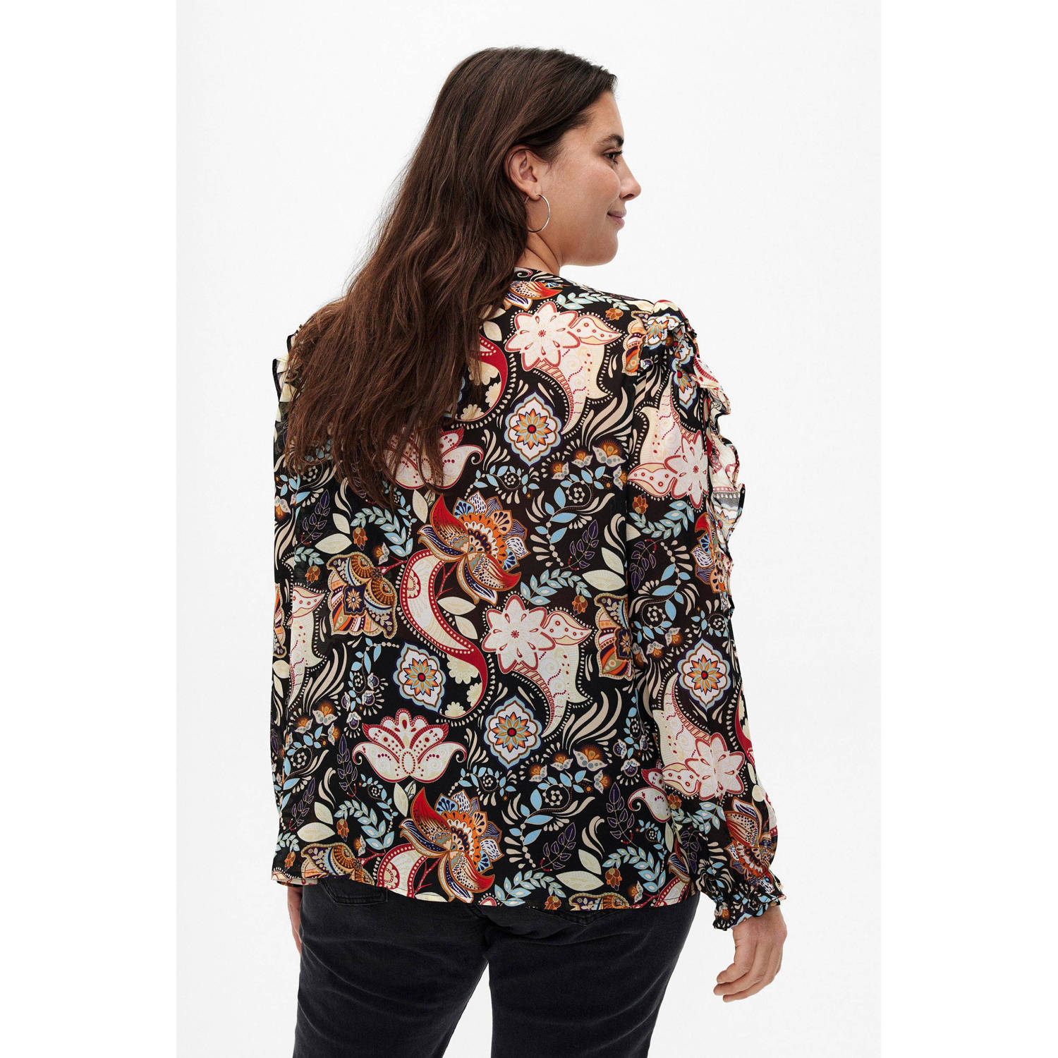 Zizzi blouse EMALLY met paisleyprint en ruches zwart multi