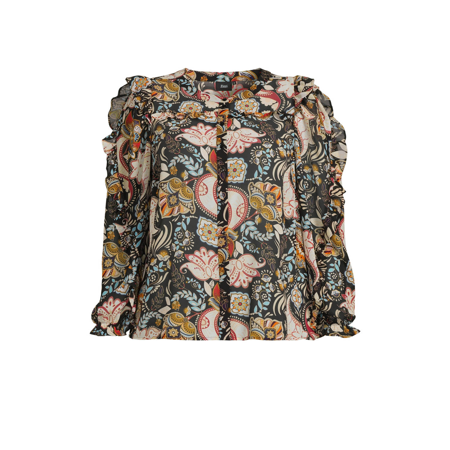 Zizzi blouse EMALLY met paisleyprint en ruches zwart multi