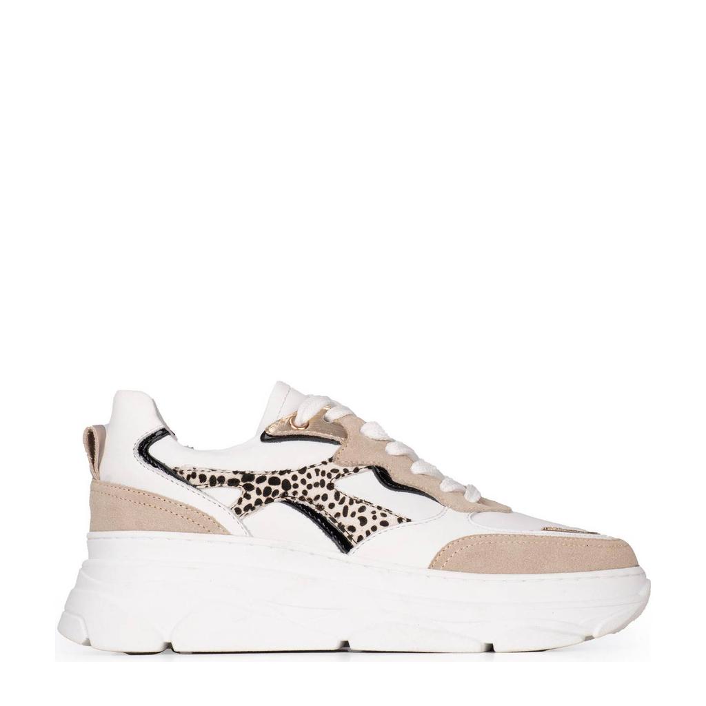 Beige en witte dames Poelman Jana chunky leren sneakers met veters