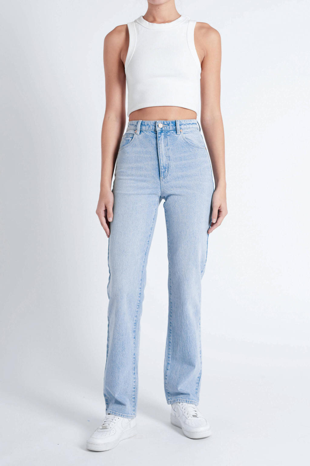 Light blue denim dames Abrand Jeans high waist straight leg jeans van denim met rits- en drukknoopsluiting en effen