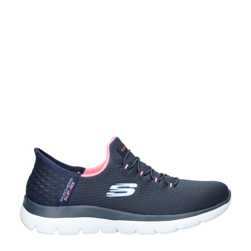 Donkerblauwe dames Skechers slip-on sneakers van textiel met elastische veters en logo