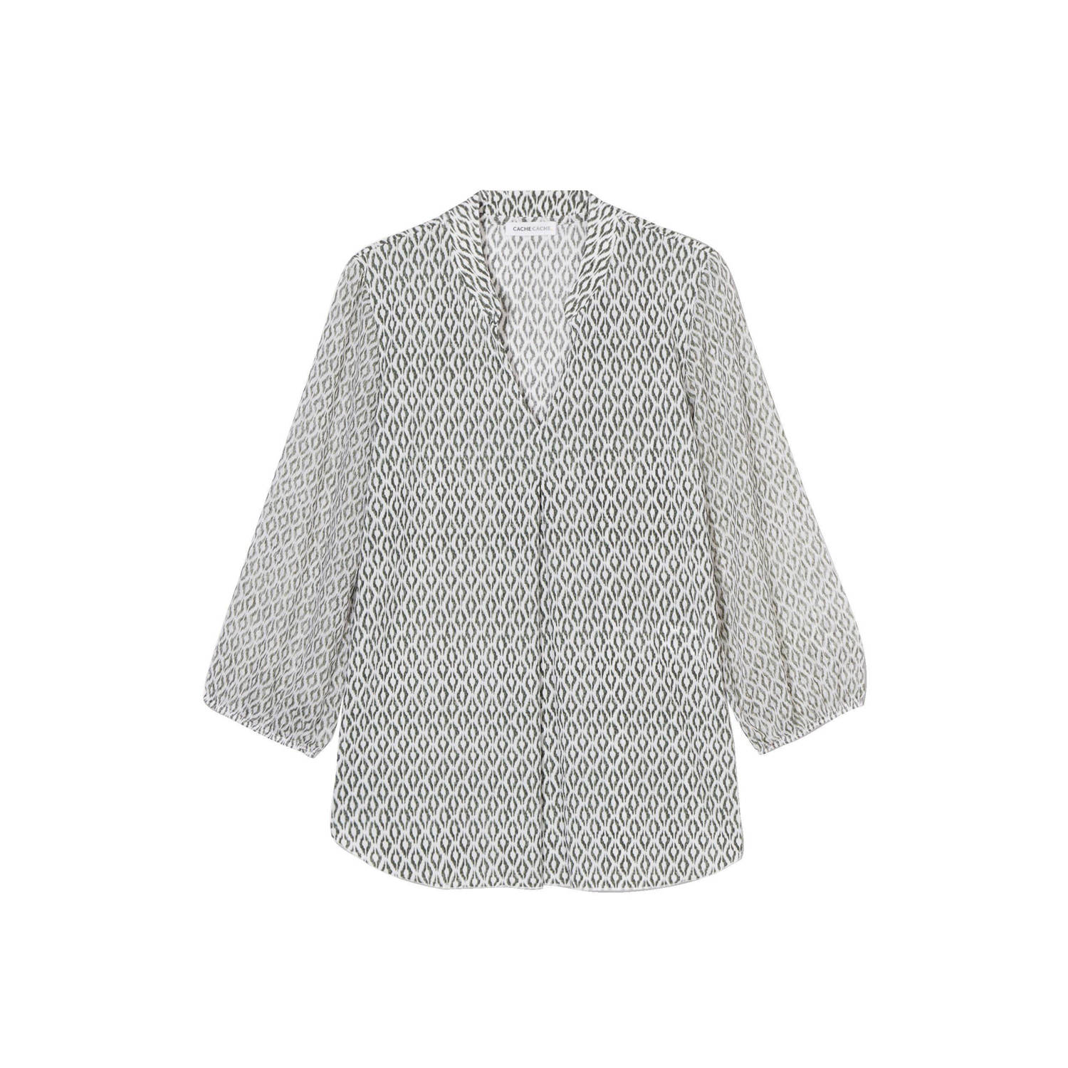 Cache semi-transparante geweven blousetop met all over print en plooien ecru groen