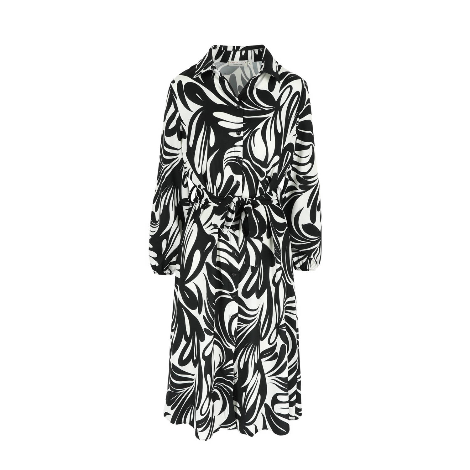 LOLALIZA blousejurk met grafische print en ceintuur zwart ecru
