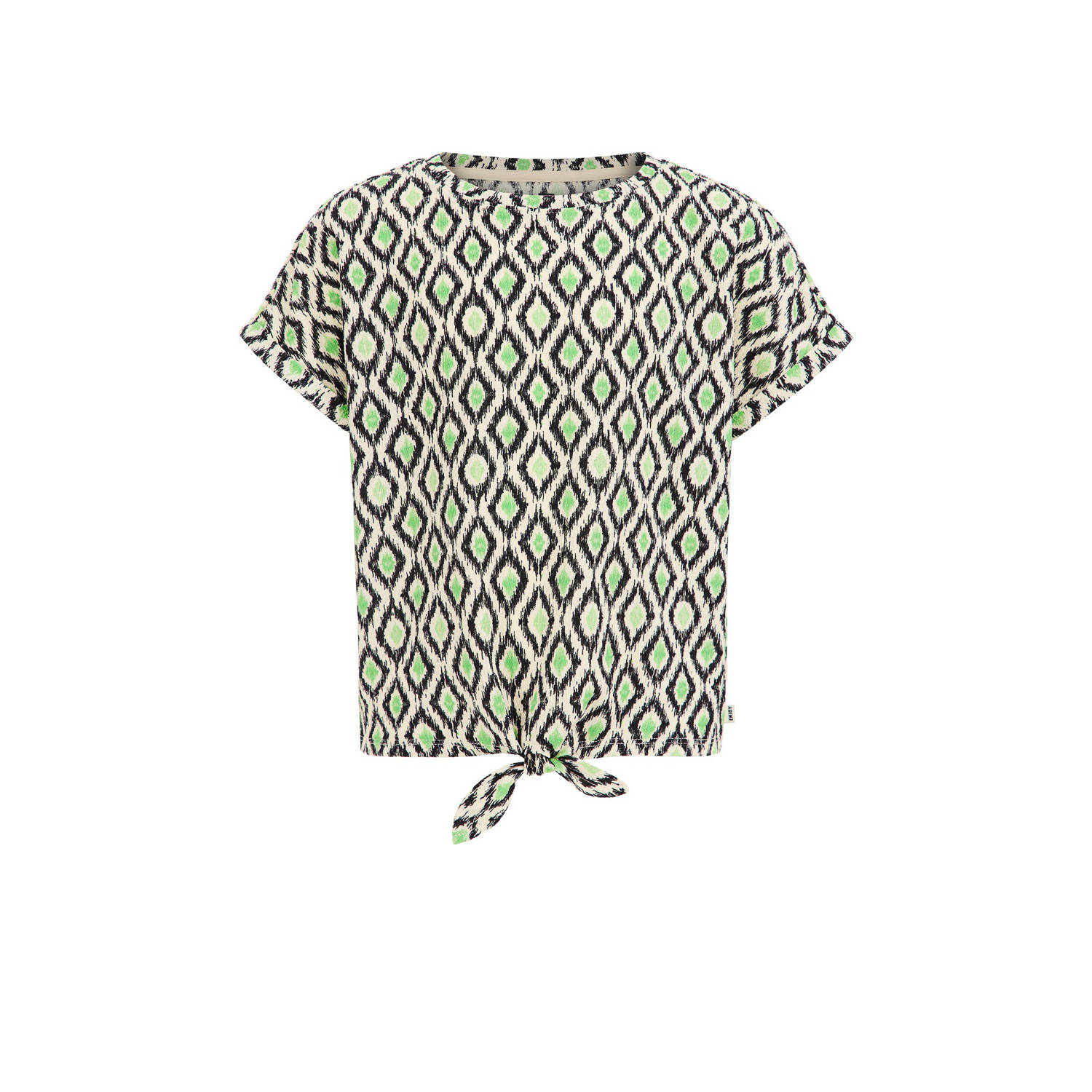 WE Fashion T-shirt met all over print groen beige zwart Meisjes Gerecycled polyester Ronde hals 134 140