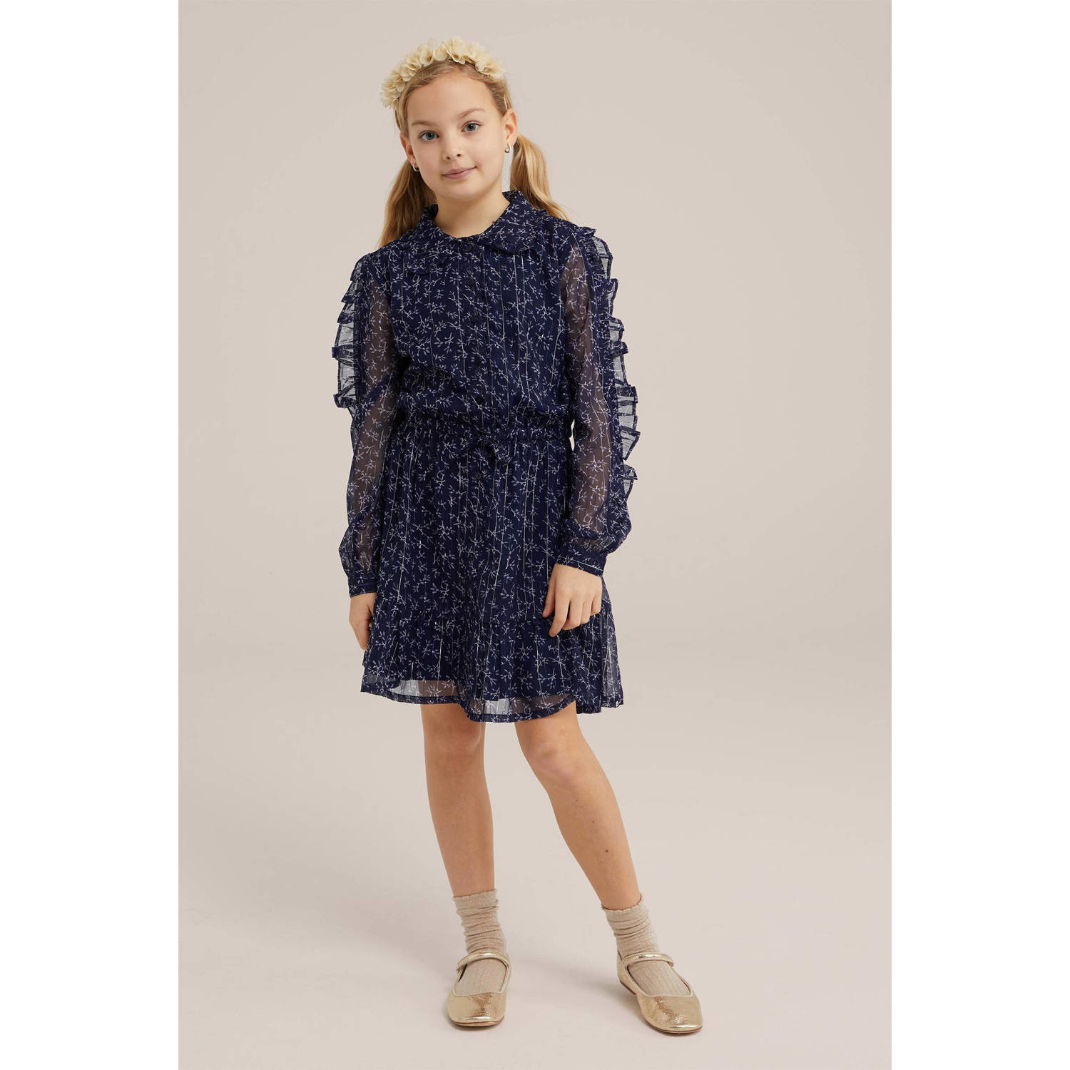 WE Fashion jurk met all over print en glitters donkerblauw