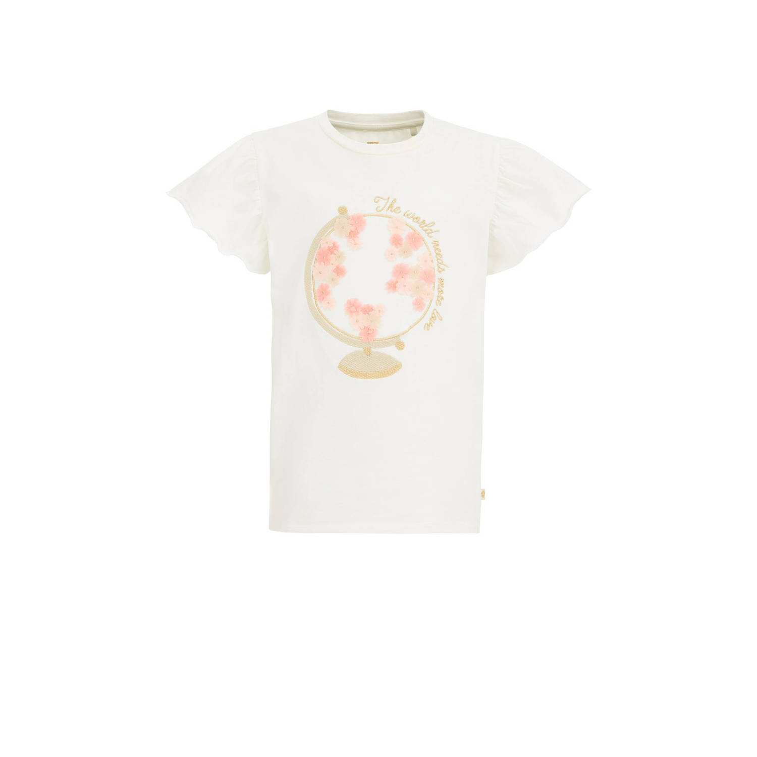 WE Fashion T-shirt met printopdruk en borduursels wit roze Meisjes Katoen Ronde hals 110 116