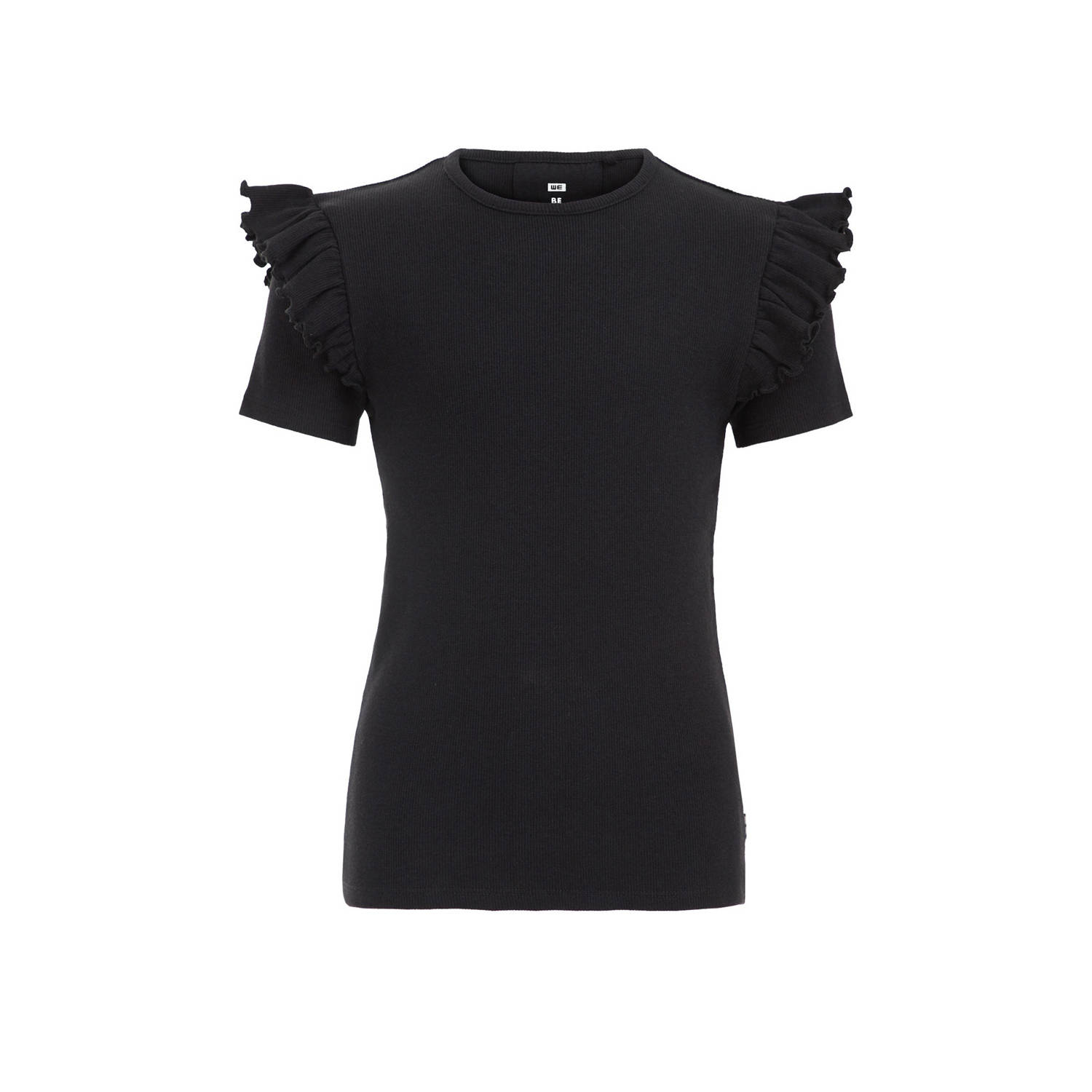 WE Fashion T-shirt black uni Zwart Meisjes Stretchkatoen Ronde hals Effen 110 116