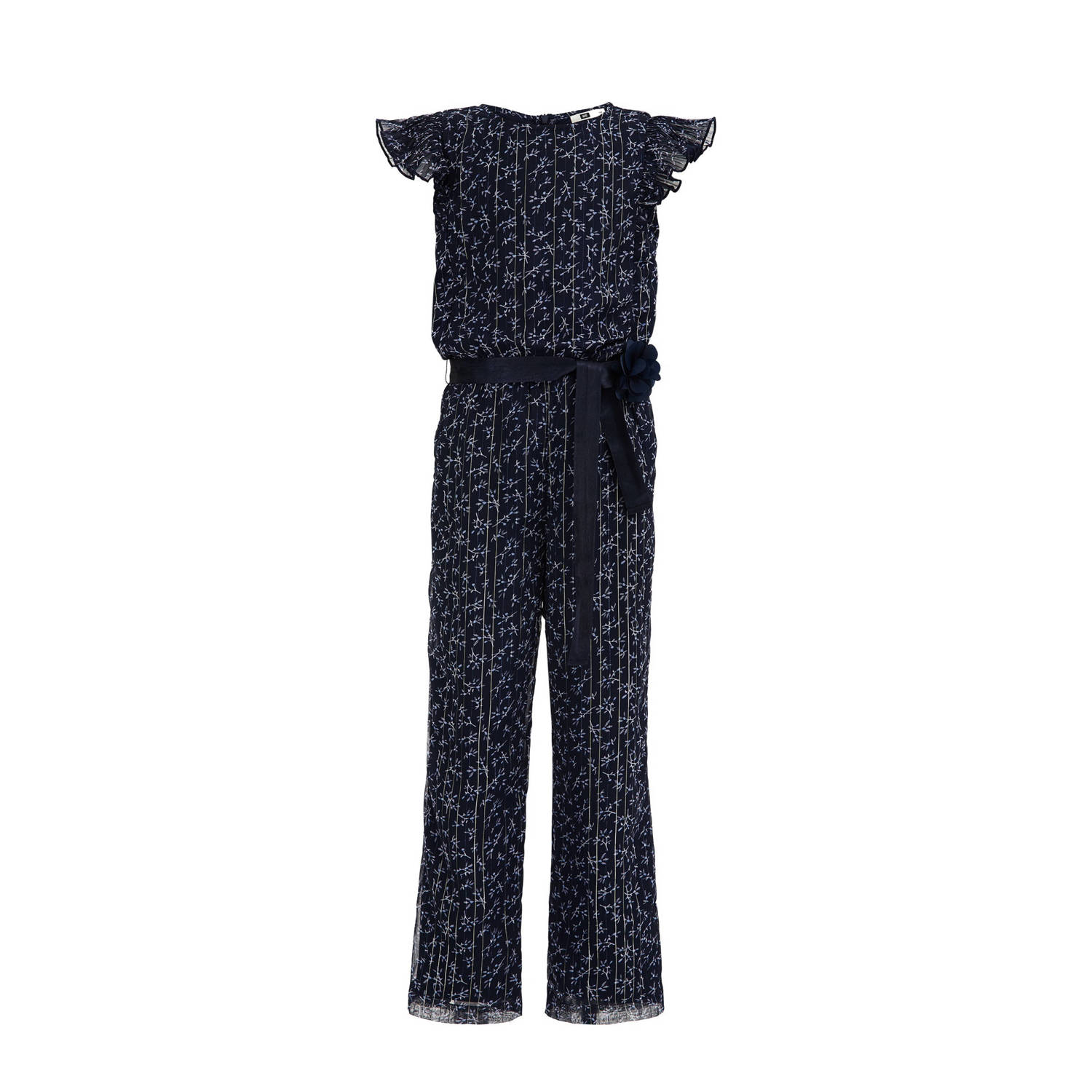 WE Fashion gebloemde jumpsuit donkerblauw Meisjes Gerecycled polyester Ronde hals 116