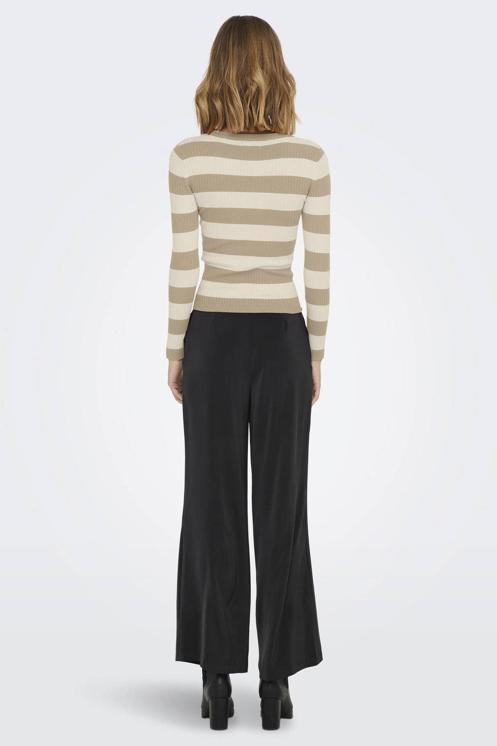 Witte dames JDY gestreepte top van viscose met lange mouwen, ronde hals en gebreide details