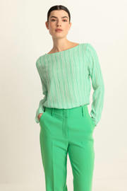 thumbnail: Groene dames Expresso gestreepte geweven blousetop van viscose met lange mouwen, ronde hals en knoopsluiting