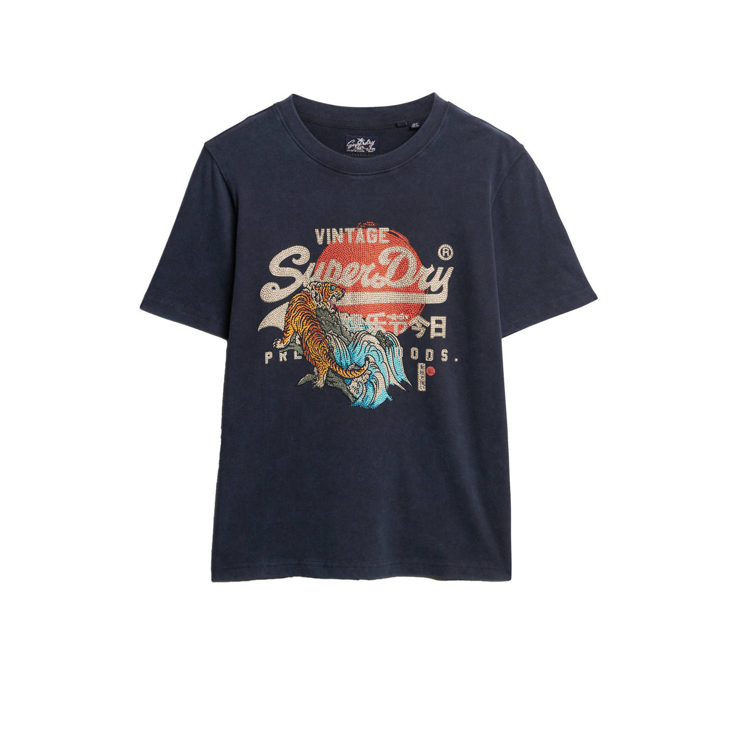 Superdry T-shirt TOKYO VL RELAXED T SHIRT met printopdruk en strass steentjes marine