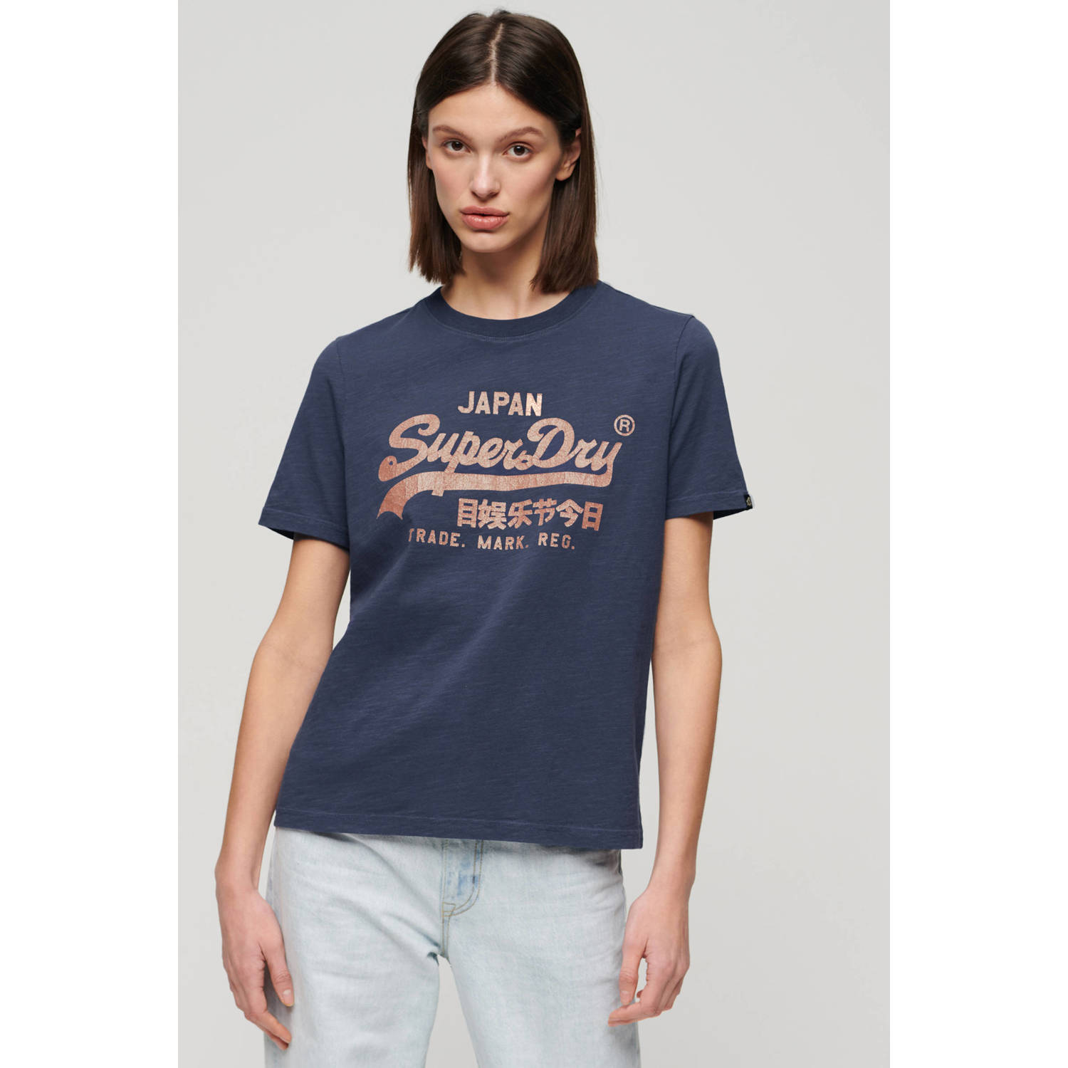 Superdry T-shirt METALLIC VL RELAXED T SHIRT met tekst marine