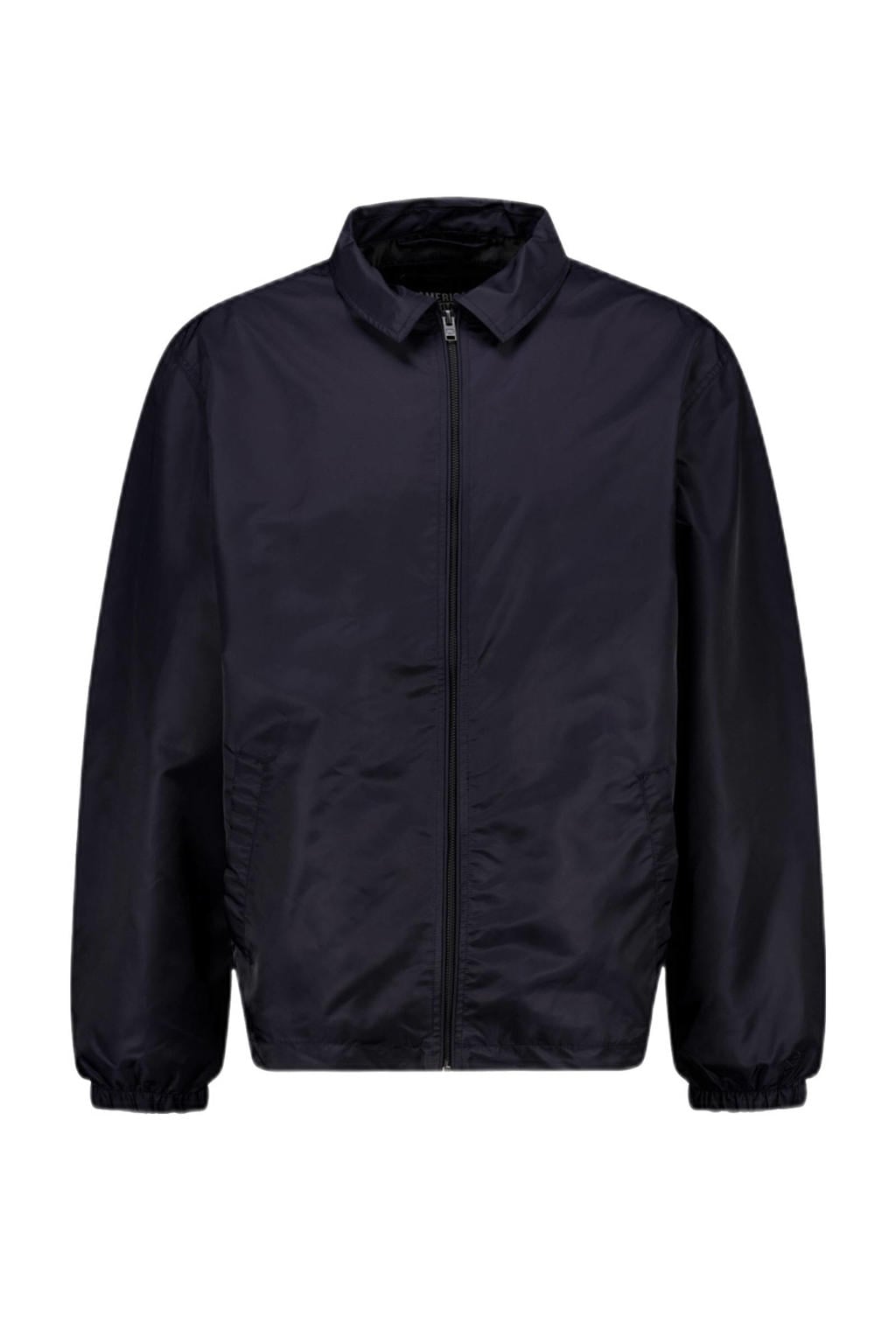 Donkerblauwe heren America Today bomberjack zomer Jacob van polyester met effen, lange mouwen, klassieke kraag en ritssluiting