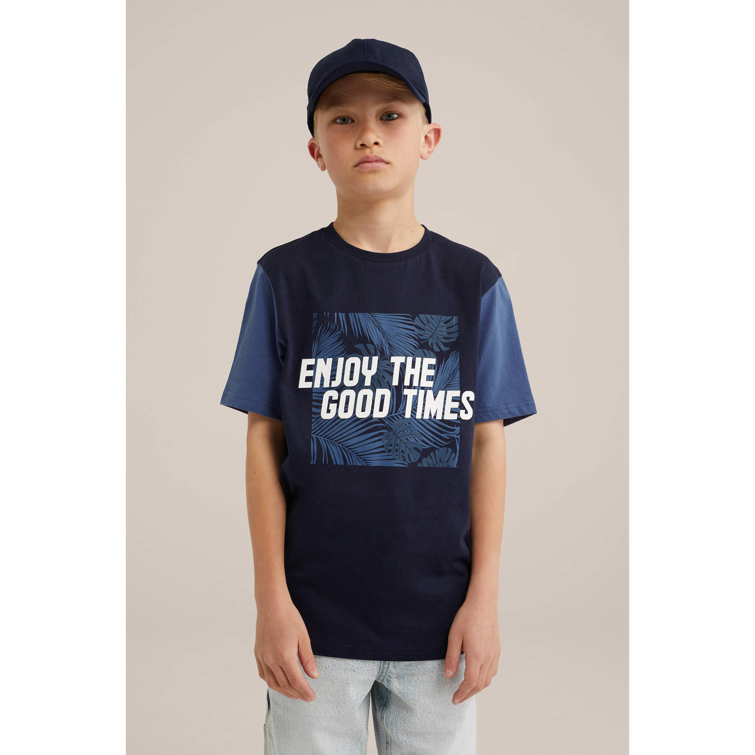 WE Fashion t-shirt donkerblauw blauw wit