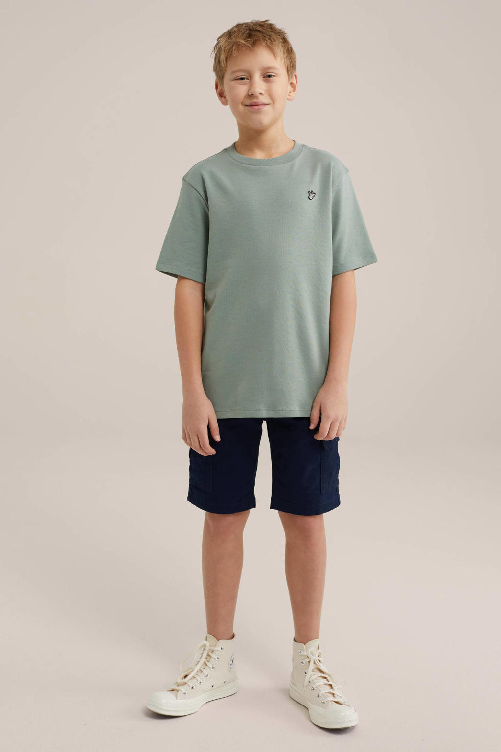 Groene jongens WE Fashion T-shirt pistache van katoen met effen, korte mouwen en ronde hals