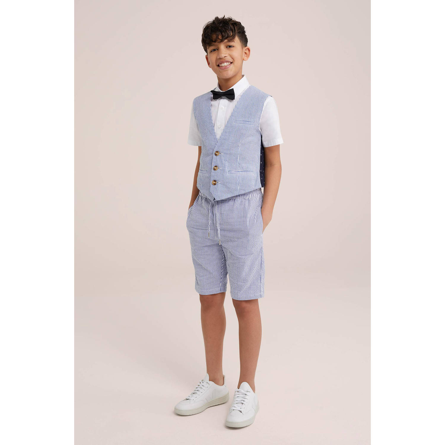 WE Fashion gestreepte slim fit casual short navy wit
