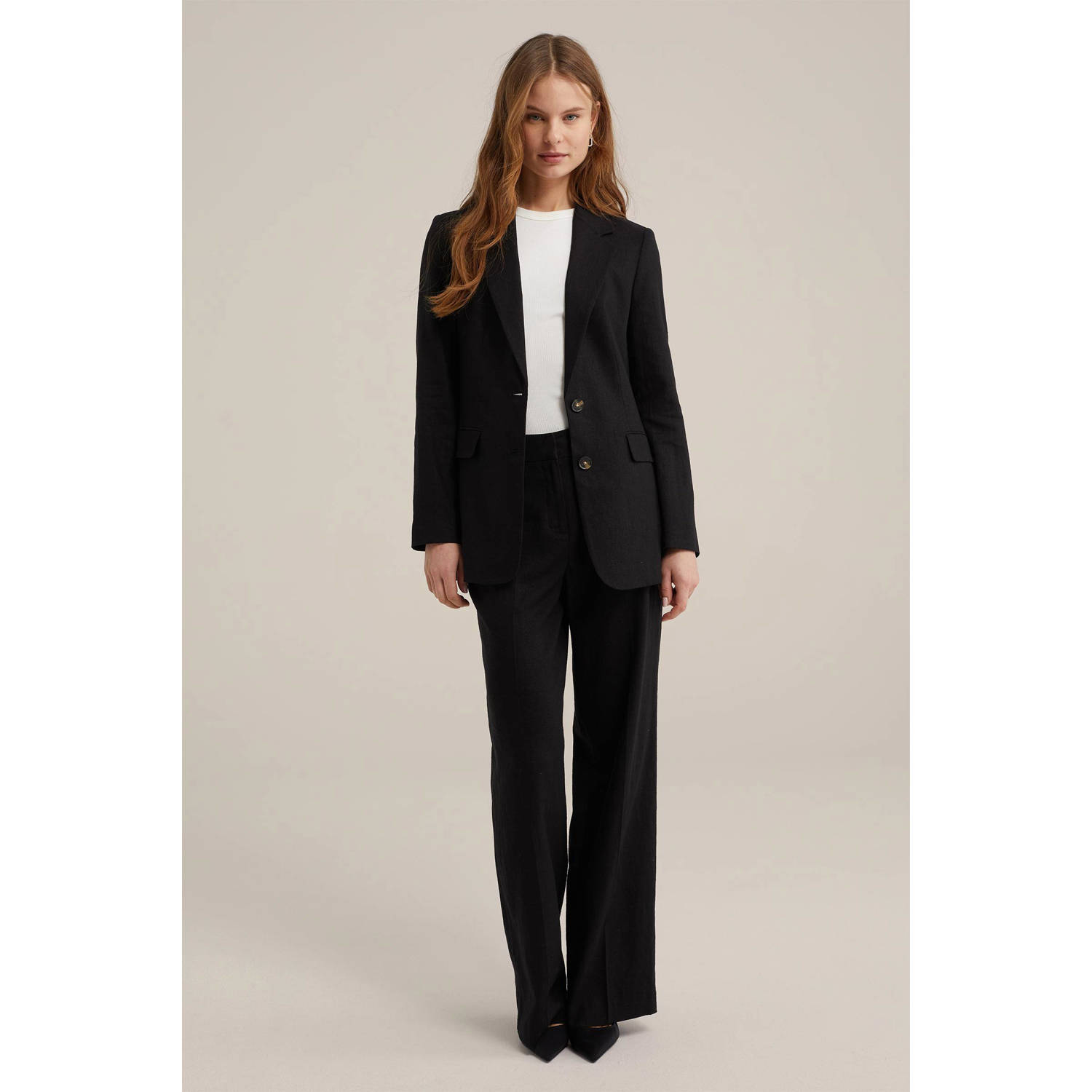 WE Fashion linnen rechtvallende blazer zwart