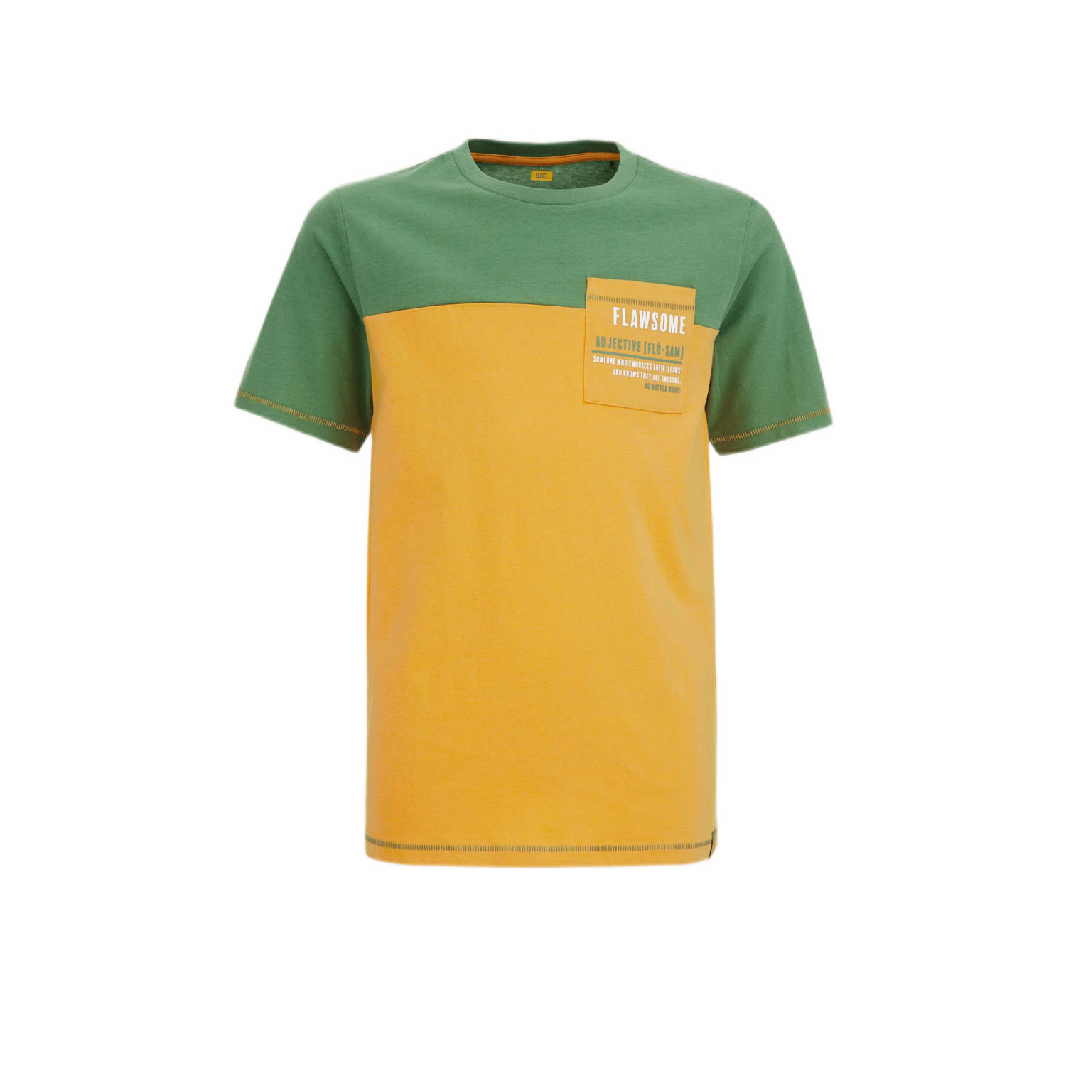 WE Fashion T-shirt groen geel Jongens Biologisch katoen Ronde hals Meerkleurig 146 152