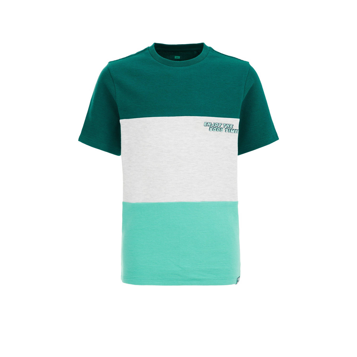 WE Fashion T-shirt groen wit Jongens Biologisch katoen Ronde hals Meerkleurig 122 128